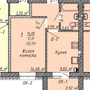 Однокомнатная квартира 32,77 кв.м. на 1 этаже по адресу Владимирская область, р-н Суздальский, с. Сновицы, ул. Речная, д. 2-б, кв. 2